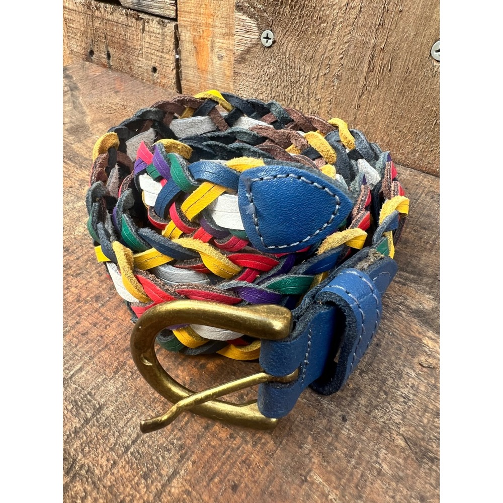 Capezio Vintage Multi Color Braided Leather Belt Woven Argentina Brass Buckle SM